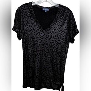 Democracy Black & Silver Metallic Leopard Print Short Sleeve Top Small